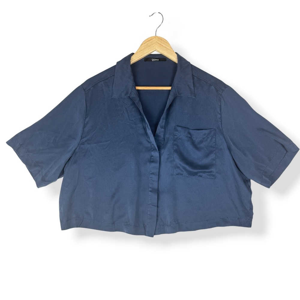 Quince 100% Silk Pajama Top Womens Size Large Minimalist Quiet Luxury Navy Blue
